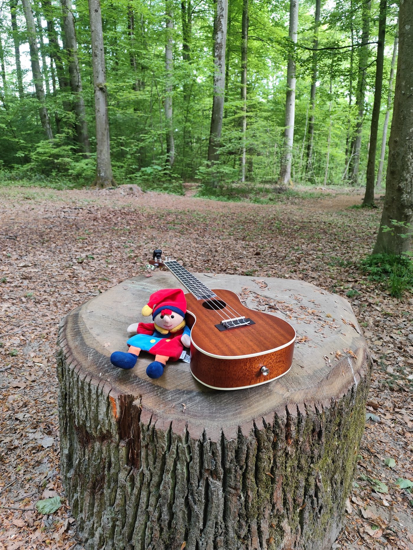 Ukulele und Spielfigur auf einem Baumstumpf im Wald